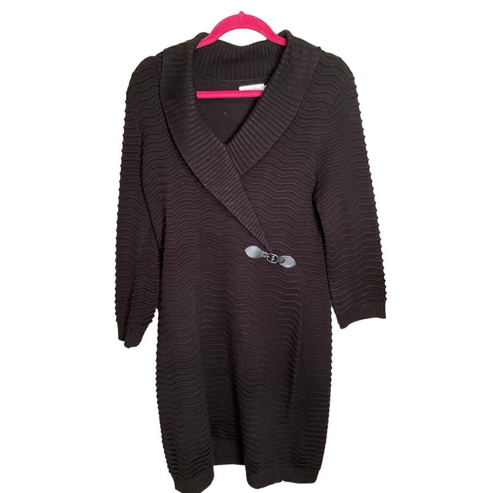 Calvin Klein Sweater‎ Dress 3/4 Sleeve Knee Length Acrylic Black Womens Large